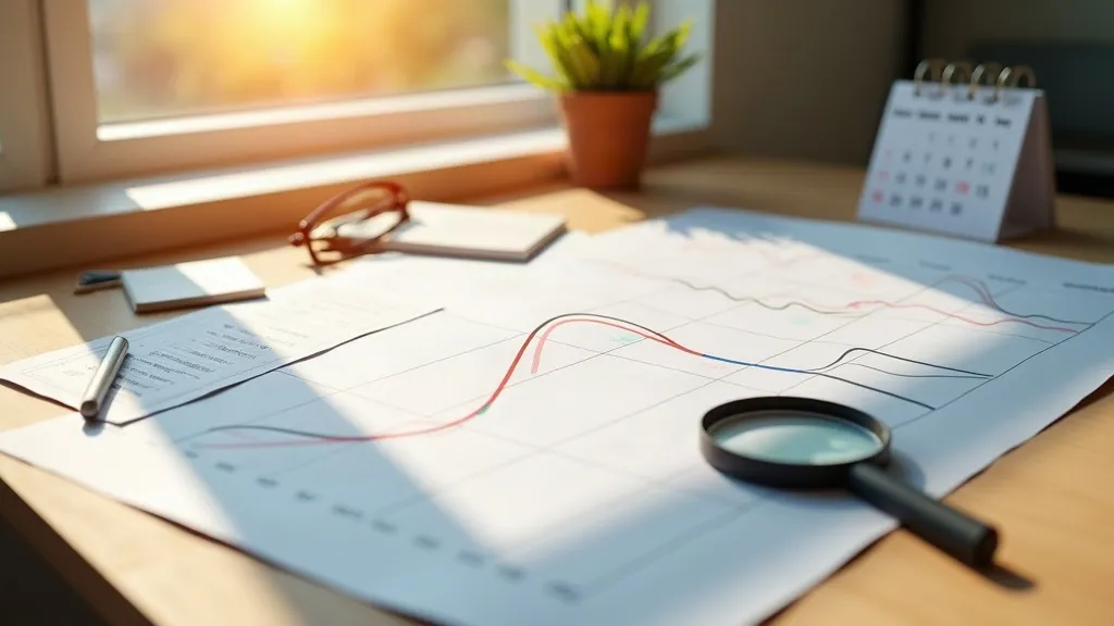 Grafiek met terugkerende seizoenspieken en een vergrootglas, als symbool voor Google Trends gebruiken bij zoekwoordenonderzoek
